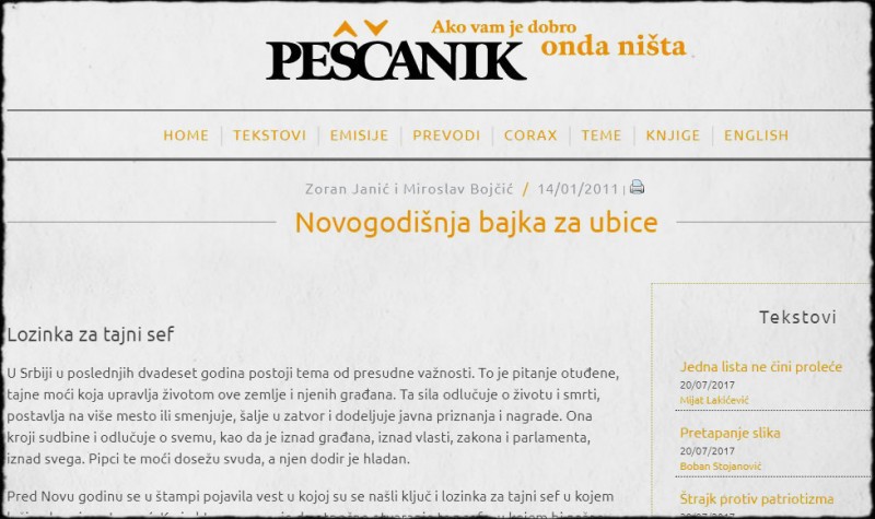Protiv portala Peščanik nije bila podignuta optužnica dok je u odvojenom postupku osuđen portal E-novine koji je članak samo preneo.